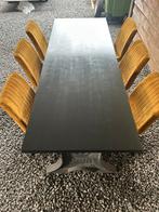 Massief eiken tafel met industriele poten incl 6 stoelen, Ophalen, Zo goed als nieuw