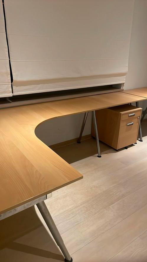 Bureau d’angle IKEA 4 modules + Bloc tiroir couleur hêtre., Maison & Meubles, Bureaux, Comme neuf, Bureau, Réglable en hauteur