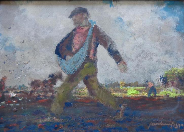 JAN HUET / DE ZAAIER / OLIEVERF PANEEL / 32x42cm / KADER SIG, Antiek en Kunst, Kunst | Schilderijen | Klassiek, Ophalen of Verzenden