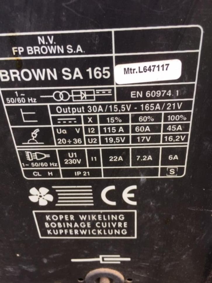 lasapparaat half automaat  merk Brown type 165 a, Doe-het-zelf en Bouw, Gereedschap | Lasapparaten, Gebruikt, 150 tot 250 ampère