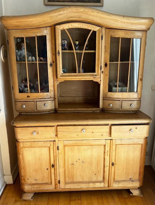 buffet vintage en pin avec rangement vitré, Huis en Inrichting, Kasten | Buffetkasten, Gebruikt, Met deur(en), Grenenhout, Ophalen