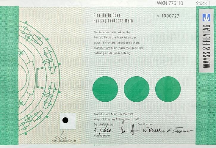Wayss & Freitag (Engineering,Wolfsschanze)1993, Postzegels en Munten, Aandelen en Waardepapieren, Aandeel, 1970 tot heden, Ophalen of Verzenden