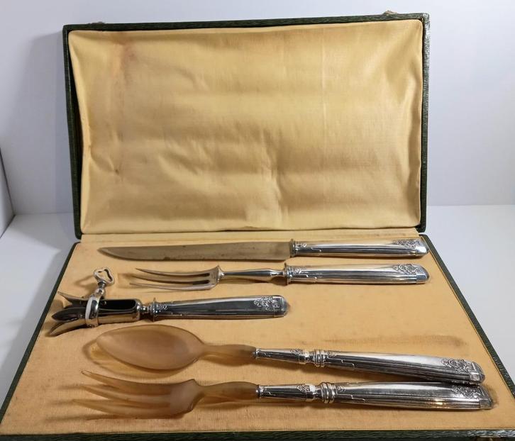 Couverts salades et corne brune + rôti en Métal argenté, Antiquités & Art, Antiquités | Couverts, Enlèvement ou Envoi