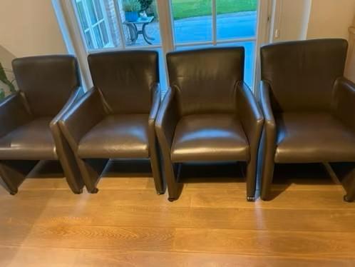 Lederen eetkamer stoelen (set van 4), Huis en Inrichting, Stoelen, Gebruikt, Vier, Leer, Bruin, Ophalen