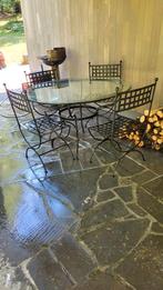 Tuinset in gietijzer met glazen blad(af te halen in Wibrin), Tuin en Terras, Tuinsets en Loungesets, Ophalen, Gebruikt, 4 zitplaatsen