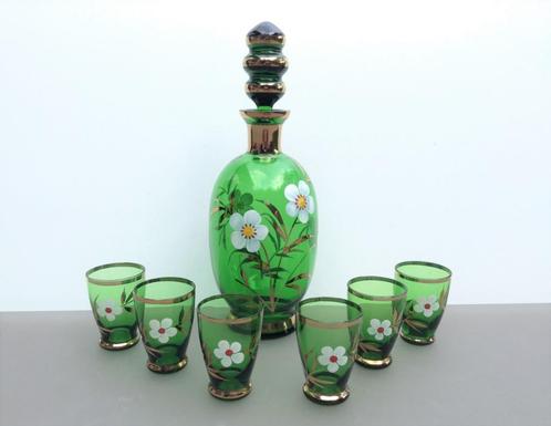 Groen vintage likeurset karaf met glaasjes, Antiek en Kunst, Antiek | Glaswerk en Kristal, Ophalen of Verzenden