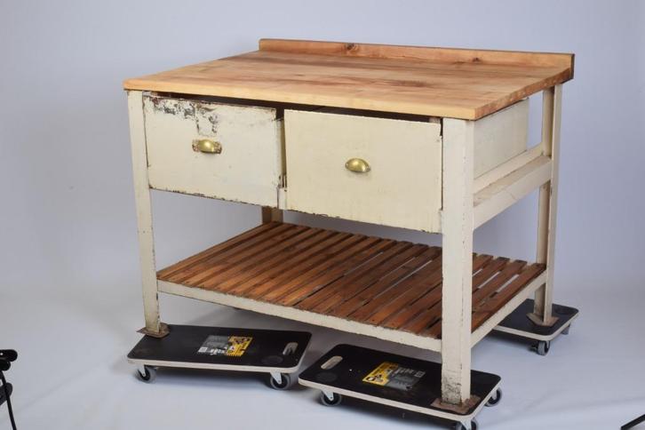 Antieke Bakkerstafel Metaal met Houten Werkblad en Schuiven, Huis en Inrichting, Keuken | Keukenelementen, Crème, Ophalen of Verzenden