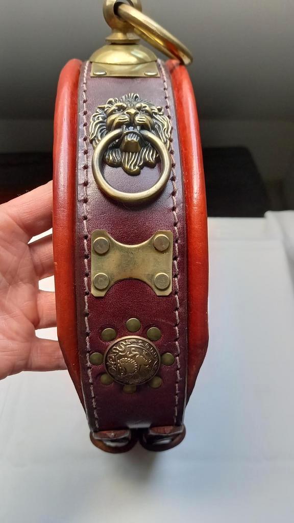 Exclusieve handgemaakte halsband,  leder en messing, Dieren en Toebehoren, Hondenhalsbanden en Penningen, Zo goed als nieuw, Handgemaakt