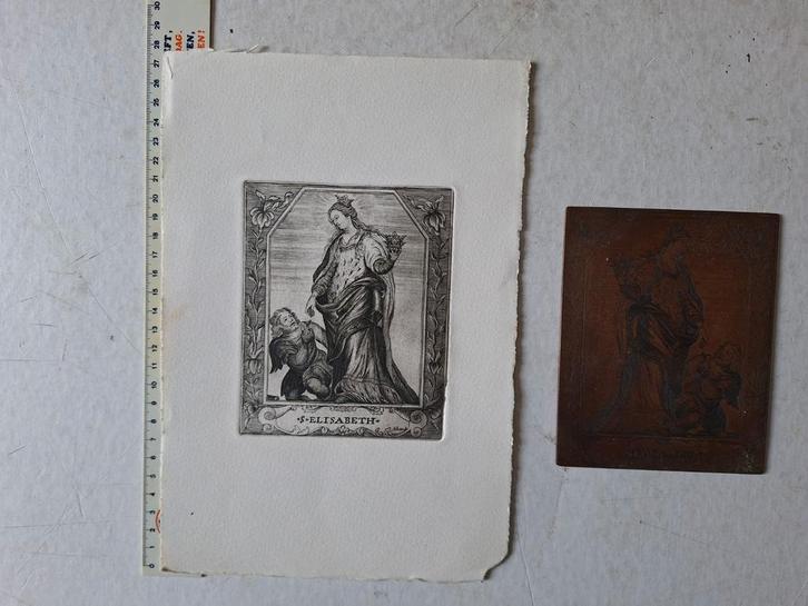 Oude etsplaat en ets van Sint-Elisabeth van Hongarije, Antiek en Kunst, Kunst | Etsen en Gravures, Ophalen of Verzenden
