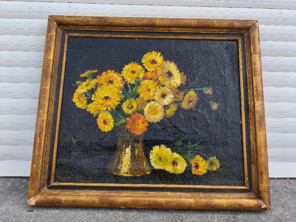 Huile sur toile fleurs signe jef Dutilleux, Antiek en Kunst, Kunst | Schilderijen | Klassiek, Ophalen of Verzenden