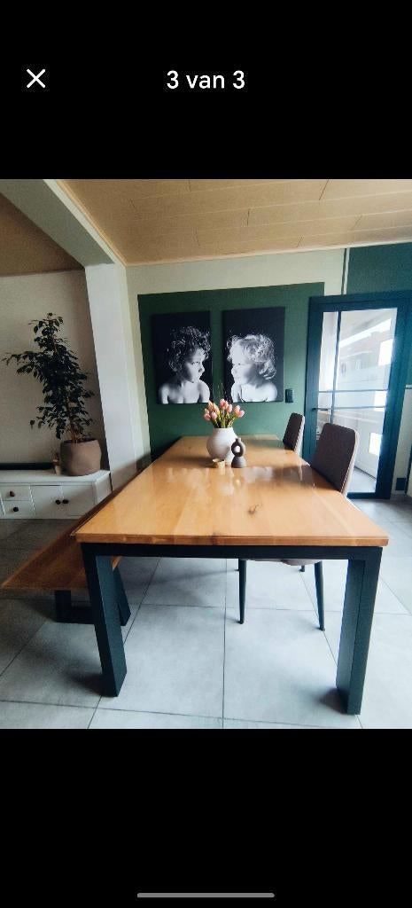 Mooie eiken eettafel en bank, Ophalen, 100 tot 150 cm, Eikenhout, 200 cm of meer