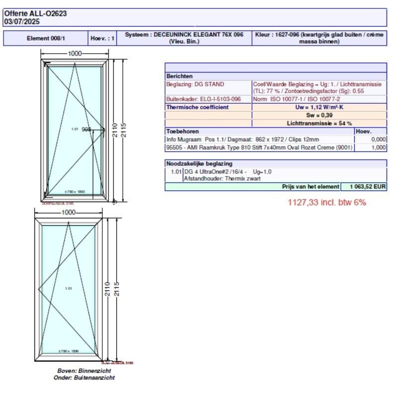 pvc raam 1000mm B x 2115mm H nieuw, Neuf, Double vitrage, 160 cm ou plus, Fenêtre de façade ou Vitre