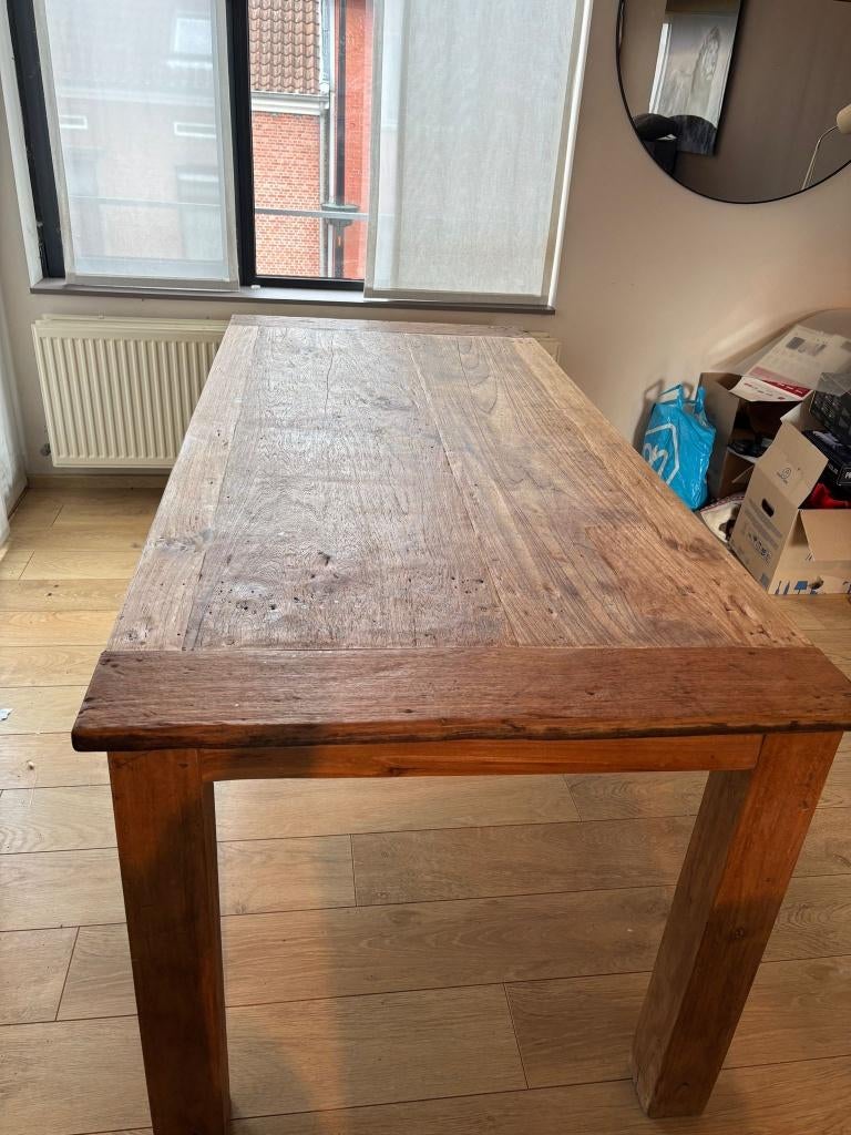 Massieve houten eettafel + 6 eetkamerstoelen, Ophalen, Gebruikt, 50 tot 100 cm, 150 tot 200 cm