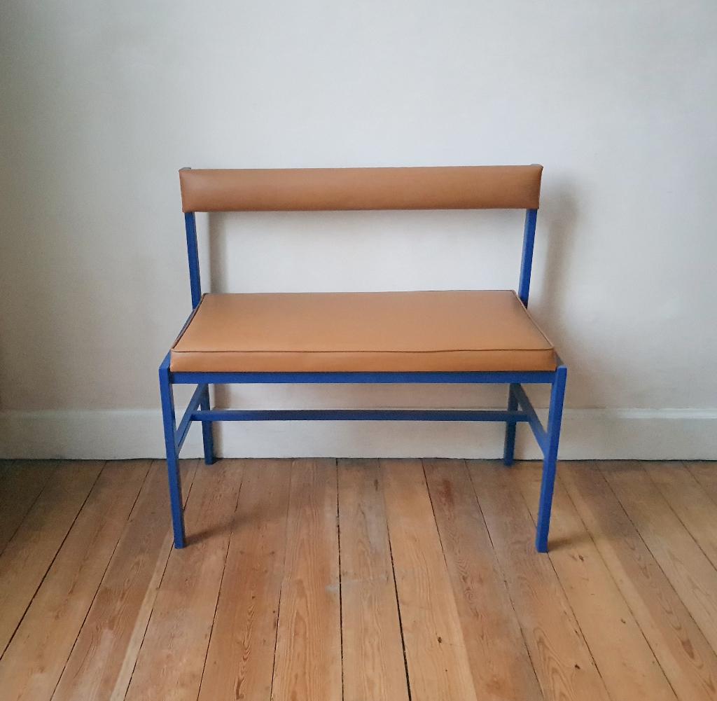 Banc métallique vintage - années 1980 - similicuir camel, Enlèvement ou Envoi, Maison et Meubles