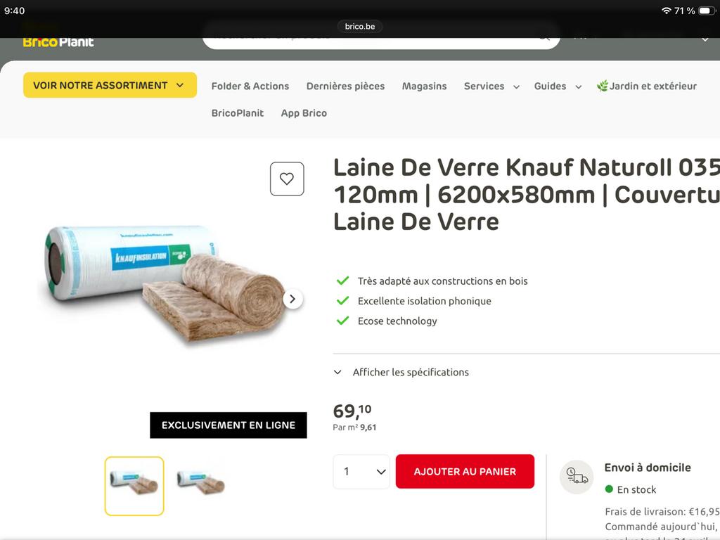3 rouleaux de Laine De Verre Knauf Naturoll Couverture, Bricolage & Construction, Isolation & Étanchéité, Enlèvement, Neuf, Laine de verre