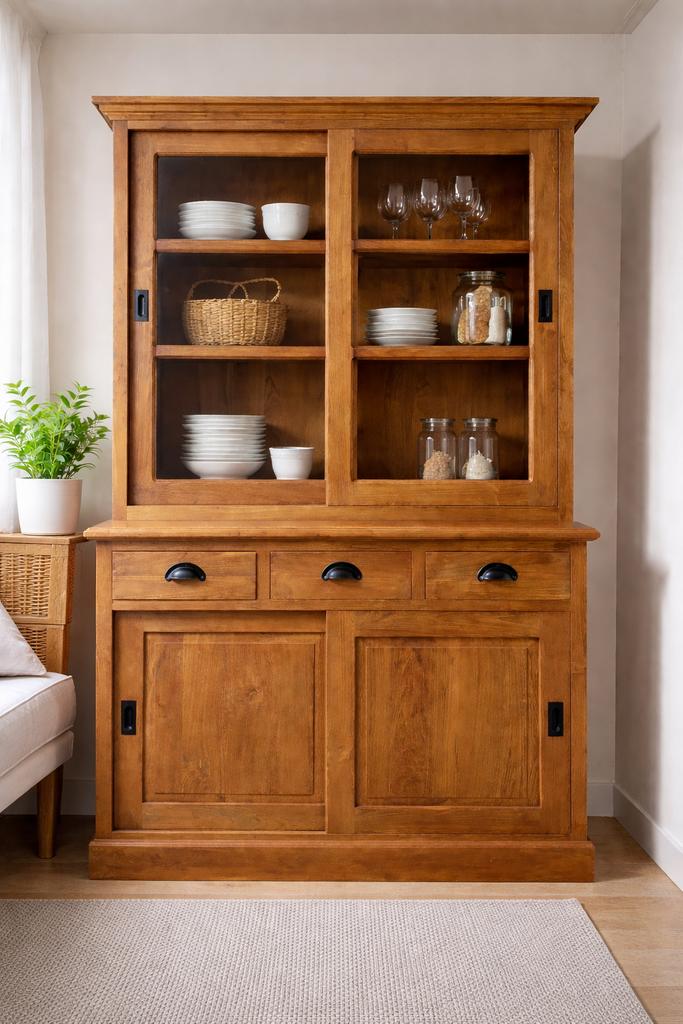 Massief houten buffetkast / vitrinekast – mooie staat, Ophalen, 200 cm of meer, 150 tot 200 cm, Teakhout