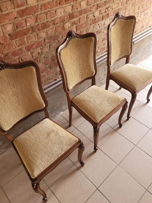 6 Retro klassieke stoelen (hout met stof), Huis en Inrichting, Stoelen, Gebruikt, Vijf, Zes of meer stoelen, Hout, Stof, Bruin