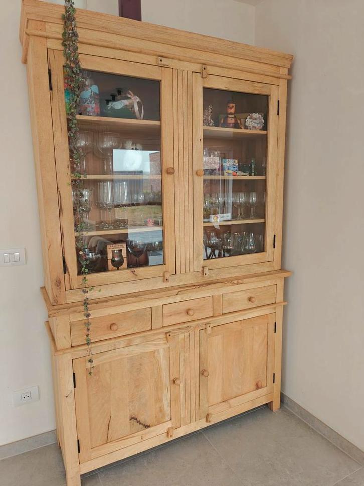 Barkast/vitrinekast mangohout massief, Maison & Meubles, Armoires | Buffets, Enlèvement