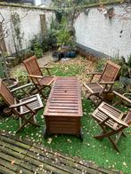 Tuintafel en vier stevige stoelen (hout), Tuin en Terras, Tuinsets en Loungesets, Ophalen, Zo goed als nieuw, Hout