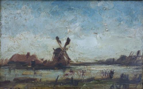 ADVL: 19de eeuws Nederlands landschap (40 x 32 cm, Antiek en Kunst, Kunst | Schilderijen | Klassiek, Ophalen of Verzenden