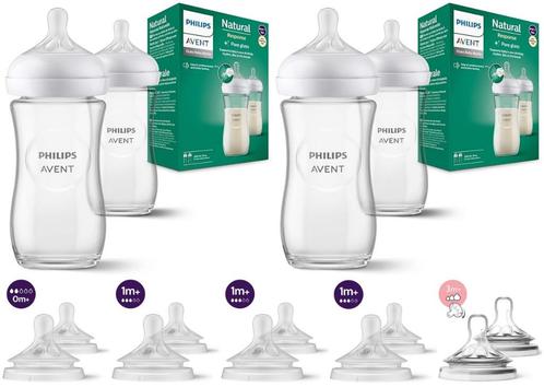 4 x Philips Avent Glazen Zuigflessen 240 ml + 10 zuigspenen, Kinderen en Baby's, Babyvoeding en Toebehoren, Zo goed als nieuw