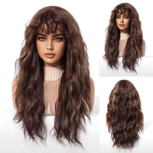 Pruik lang medium bruin haar met slagen en gekrulde pony, Handtassen en Accessoires, Uiterlijk | Haarverzorging, Nieuw, Pruik of Haarverlenging