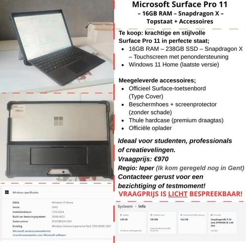 Laptop : Microsoft Surface Pro 11 – 16GB RAM – Snapdragon X, Computers en Software, Windows Tablets, Zo goed als nieuw, Wi-Fi