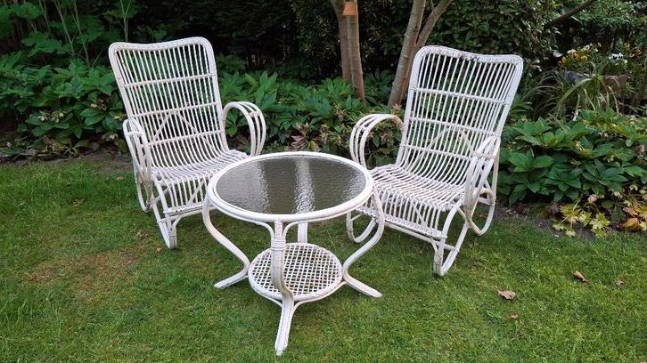Vintage Frans design rotan salon / tuinset, Tuin en Terras, Tuinsets en Loungesets, Gebruikt, Tuinset, Rotan, 2 zitplaatsen, Ophalen