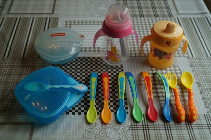 drinkbekers, bewaarpotjes, kinderbestek, lepeltjes, Kinderen en Baby's, Babyvoeding en Toebehoren, Gebruikt, Ophalen of Verzenden