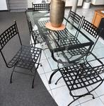 Tafel glazen blad & 6 stoelen zwart, Maison & Meubles, Salles à manger complètes, Enlèvement, Utilisé, Kan ook buiten gebruikt worden
