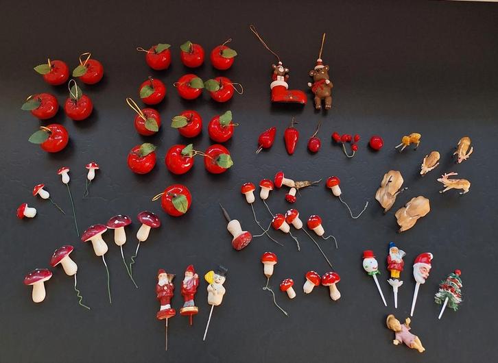 Retro kerstversiering appeltjes taartprikkers paddenstoelen, Diversen, Kerst, Ophalen of Verzenden
