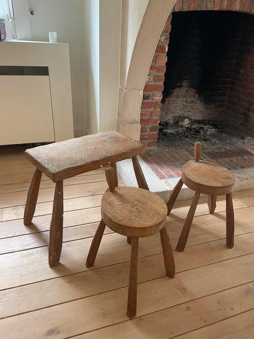 Set van 3 kleine krukjes in eikenhout, Huis en Inrichting, Krukjes, Gebruikt, Hout, Ophalen