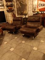 Vintage fauteuils club inox et cuir couleur brun, Gebruikt, Leer, Ophalen of Verzenden