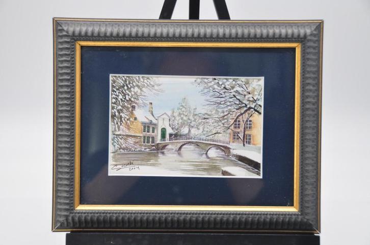 Winters aquarel - Begijnhof Brugge - Socotti - 24*19cm, Antiek en Kunst, Kunst | Schilderijen | Klassiek, Ophalen of Verzenden