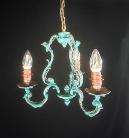 Vintage koperen hanglamp met drie lampjes, Huis en Inrichting, Lampen | Hanglampen, Gebruikt, 50 tot 75 cm, Metaal, Verzenden
