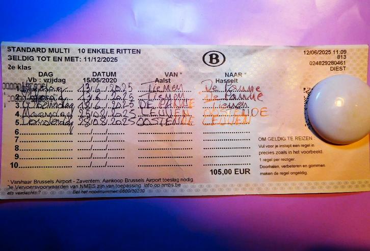 10 rittenkaart NMBS, 5 ritten tegoed..., Tickets en Kaartjes, Trein, Bus en Vliegtuig, Drie personen of meer, Overige typen, Trein