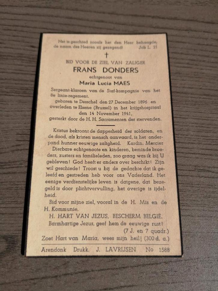 Oorlogsslachtoffers Sergeant Donders Desschel Elsene 1941, Verzamelen, Militaria | Tweede Wereldoorlog, Ophalen of Verzenden