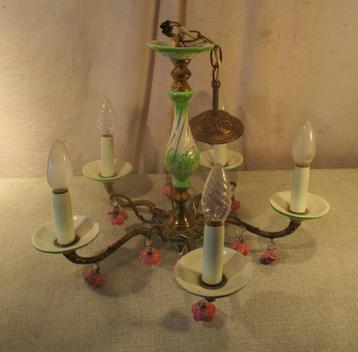 Magnifique lustre rétro en métal et porcelaine - 5 points lu, Enlèvement ou Envoi