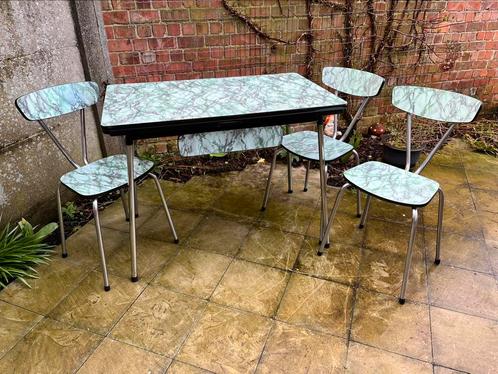 Vintage tafel en 3 stoelen, groen gemarmerde formica, Antiek en Kunst, Antiek | Meubels | Stoelen en Sofa's, Ophalen