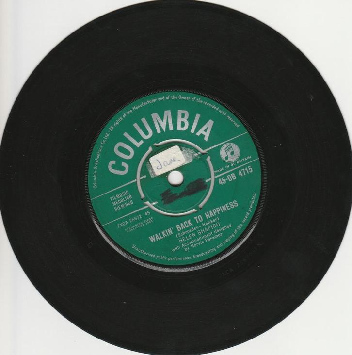 45T vinyl single'Walkin' back to happiness' van H. Shapiro, Cd's en Dvd's, Vinyl Singles, Gebruikt, Single, Pop, 7 inch, Ophalen of Verzenden