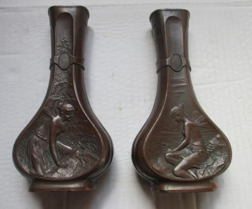 2 art nouveau vaasjes brons gepatineerd elfjes vrouwen, Antiek en Kunst, Antiek | Brons en Koper, Brons, Verzenden