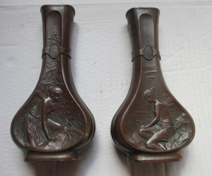 2 art nouveau vaasjes brons gepatineerd elfjes vrouwen, Antiek en Kunst, Antiek | Brons en Koper, Brons, Verzenden