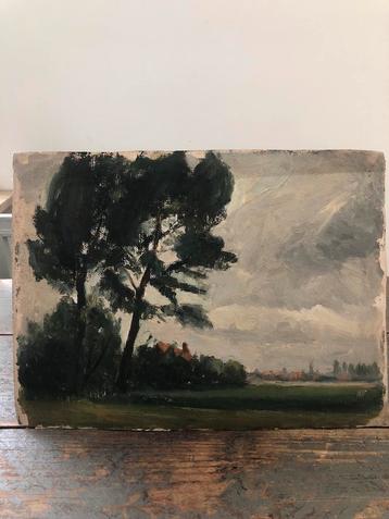 ANTIEK SCHILDERIJ LANDSCHAP DORP OLIE DOEK beschikbaar voor biedingen