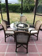 Rotan stoelen en tafel met glazen blad., Ophalen, 4 zitplaatsen, Gebruikt, Rotan