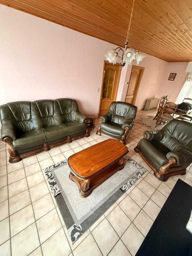 Canapé 3 places + 2 fauteuils en cuir vert et en bois, Antiek en Kunst, Antiek | Meubels | Stoelen en Sofa's, Ophalen