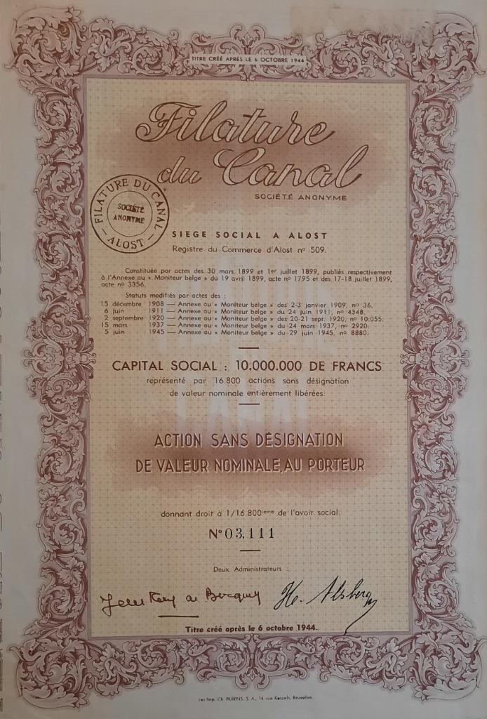 Filature du Canal - Aalst - 1945, Postzegels en Munten, Aandelen en Waardepapieren, Aandeel, 1920 tot 1950, Ophalen of Verzenden