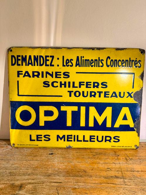 Plaque Émaillée Publicitaire Aliments OPTIMA 1936 EB, Verzamelen, Merken en Reclamevoorwerpen, Gebruikt, Ophalen of Verzenden