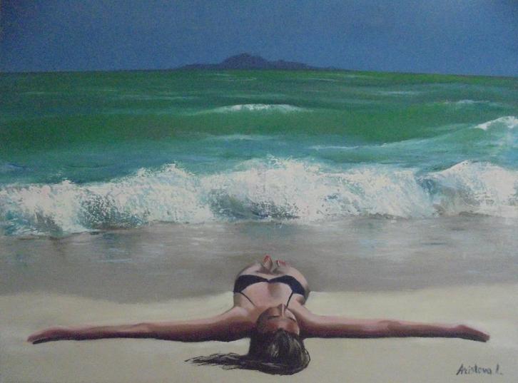 olieschilderij strand/zee (60x80cm), Antiek en Kunst, Kunst | Schilderijen | Klassiek, Ophalen of Verzenden