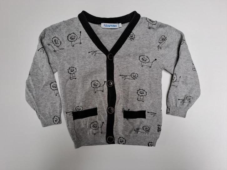 Mt 2j Grijze gebreide gilet met zwarte leeuwen, Kinderen en Baby's, Kinderkleding | Maat 92, Zo goed als nieuw, Jongen, Trui of Vest