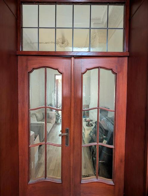 Dubbele oude deur met getint glas (geel), Doe-het-zelf en Bouw, Deuren en Vliegenramen, Zo goed als nieuw, Glas, Hout, Ophalen